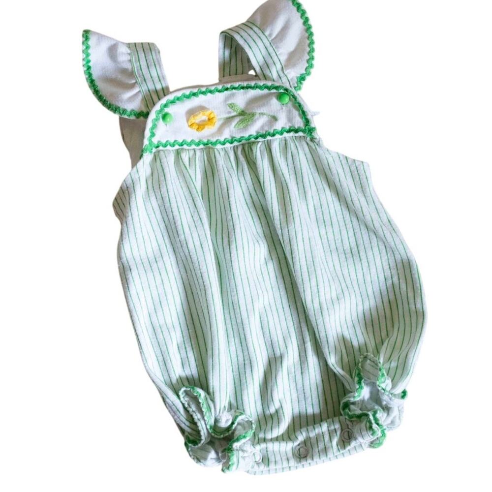 Carter's bubble with adorable yellow flower and green pinstripes.